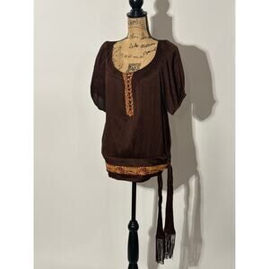 Vintage bebe bohemian tunic top y2k 2000’s brown with embroidered sash loop
